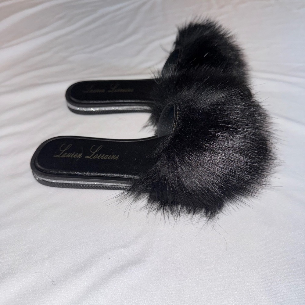 Lauren Lorraine Women Black Fluffy Faux Fur Slide Sandal Size S US 6-7 Glam Chic